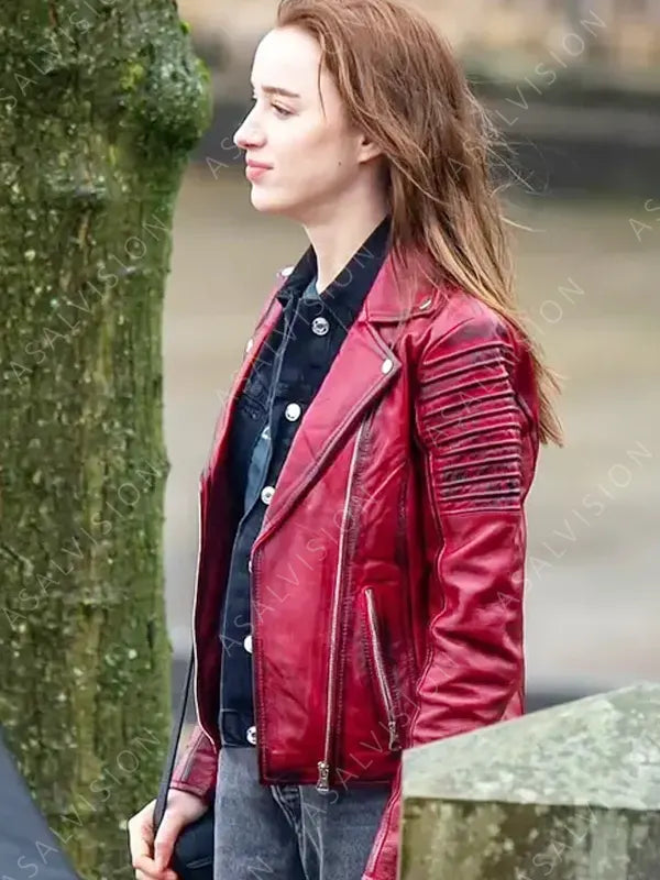 Alexandra Bank Of Dave Movie 2023 Phoebe Dynevor Red Distressed Leather Jacket