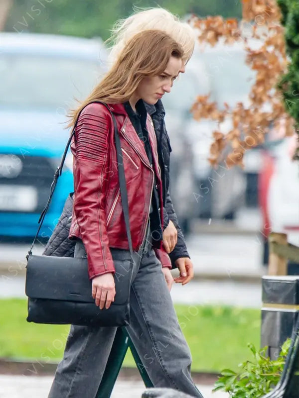 Alexandra Bank Of Dave Movie Phoebe Dynevor Red Distressed Leather Jacket