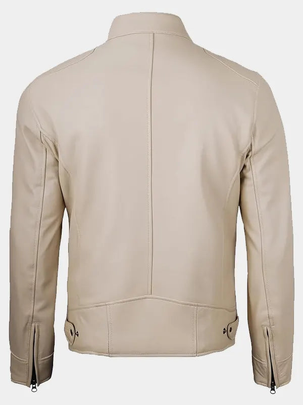 Beige Cafe Racer Leather Jacket For Men