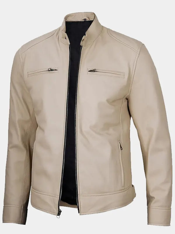 Beige Cafe Racer Style Lambskin Leather Jacket For Men
