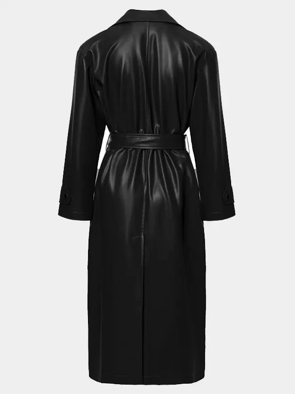 Black Belted Long Leather Trench Coat For Womens