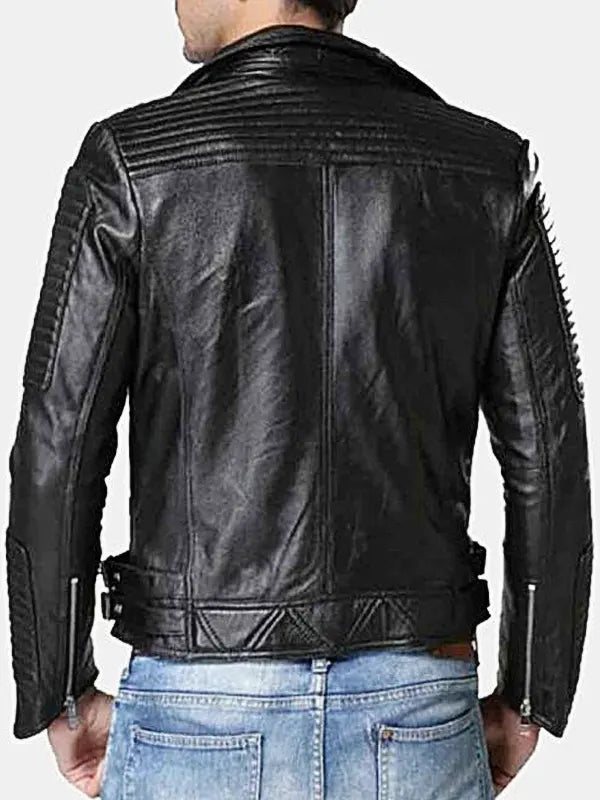 Black Double Breasted Motorcycle Lambskin Leather Jacket For Men
