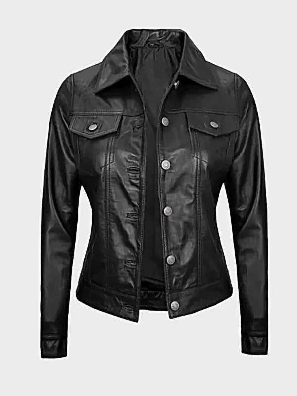Black Lambskin Leather Trucker Jacket For Women