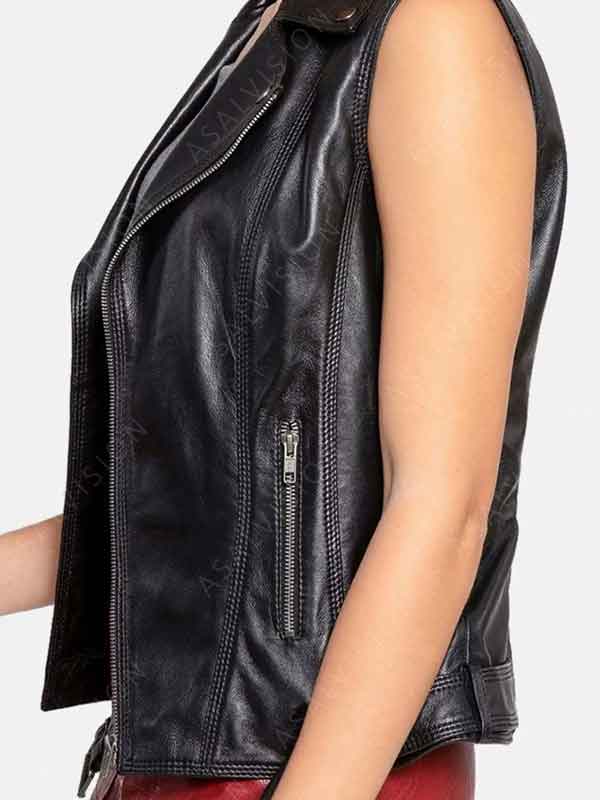 Black Leather Biker Vest For Womens