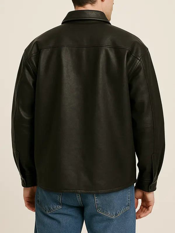 Black Leather Oversized Shirt Style Jacket For Men