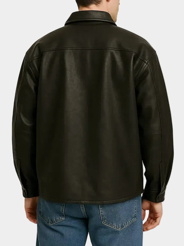 Black Leather Oversized Shirt Style Jacket For Men