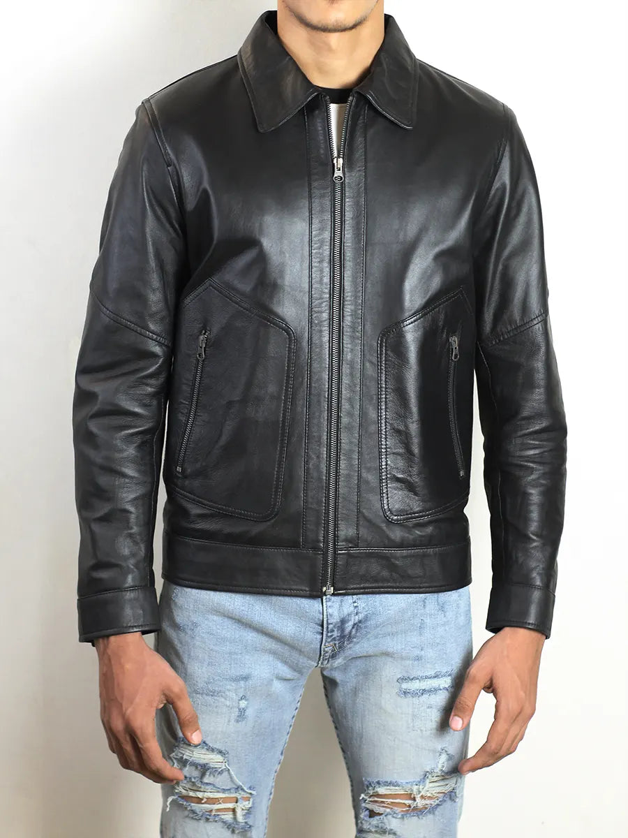 Black Polo Collar Leather Jacket