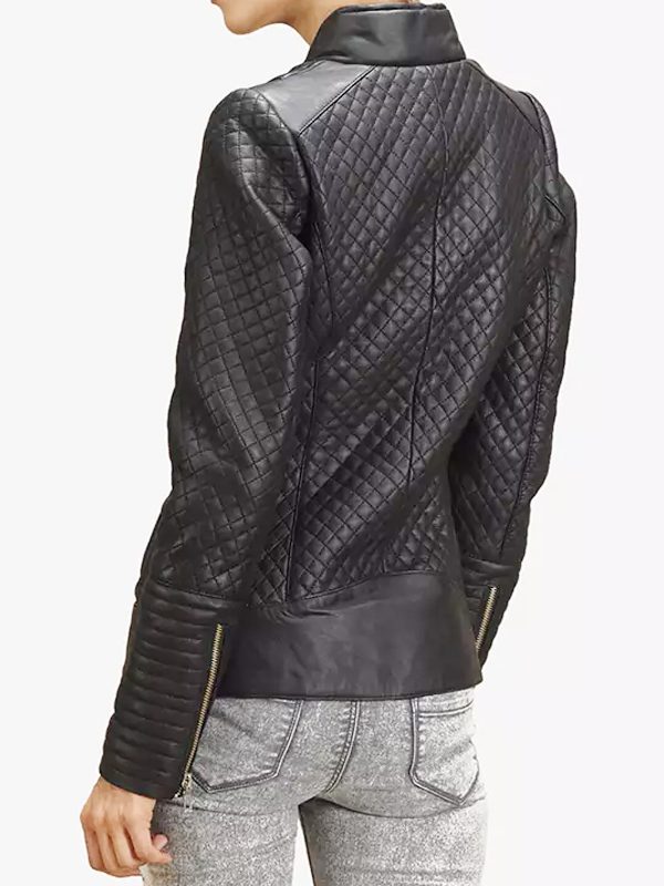 Black Quilted Motorcycle Leather Jacket For Women's