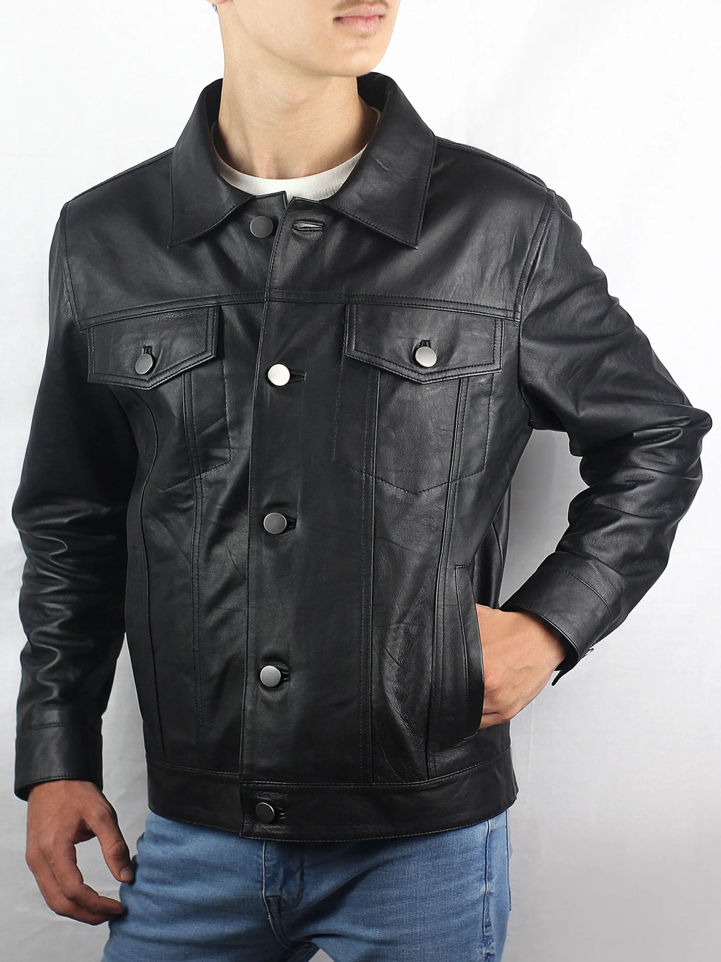 Black Trucker Leather Jacket For Men