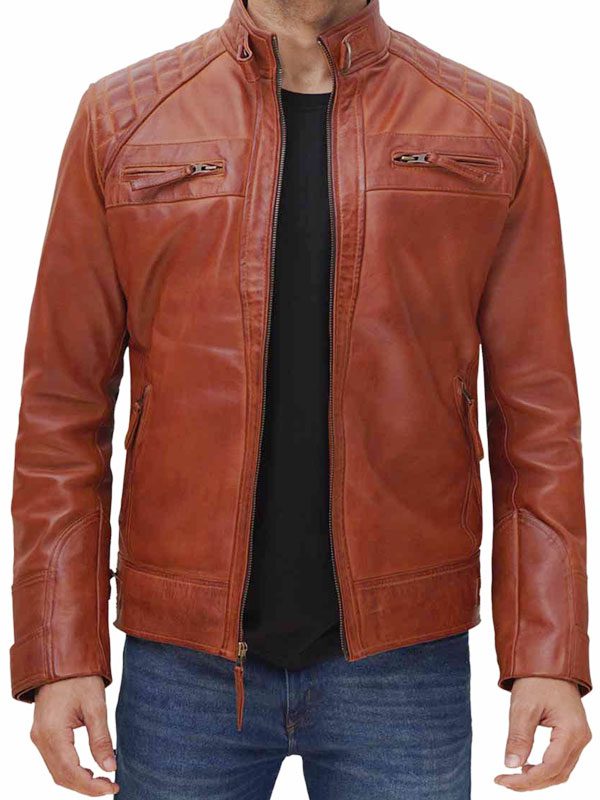Brown Leather Jacket With Hood For Men's