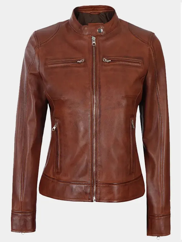 Brown Moto Cafe Racer Jacket For Women