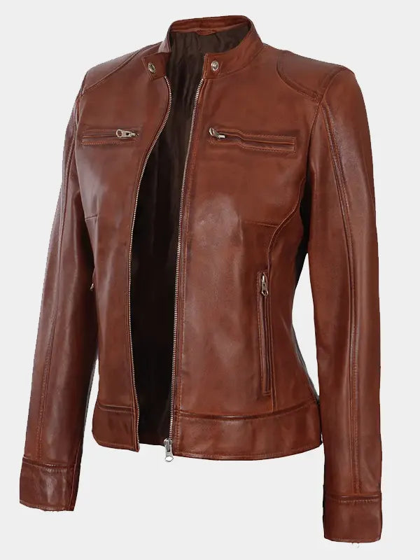 Brown Waxed Moto Cafe Racer Lambskin Leather Jacket For Women