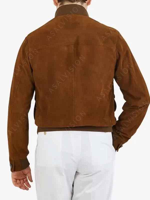 Buttoned Front Brown Suede Leather Bomber Jacket For Mens