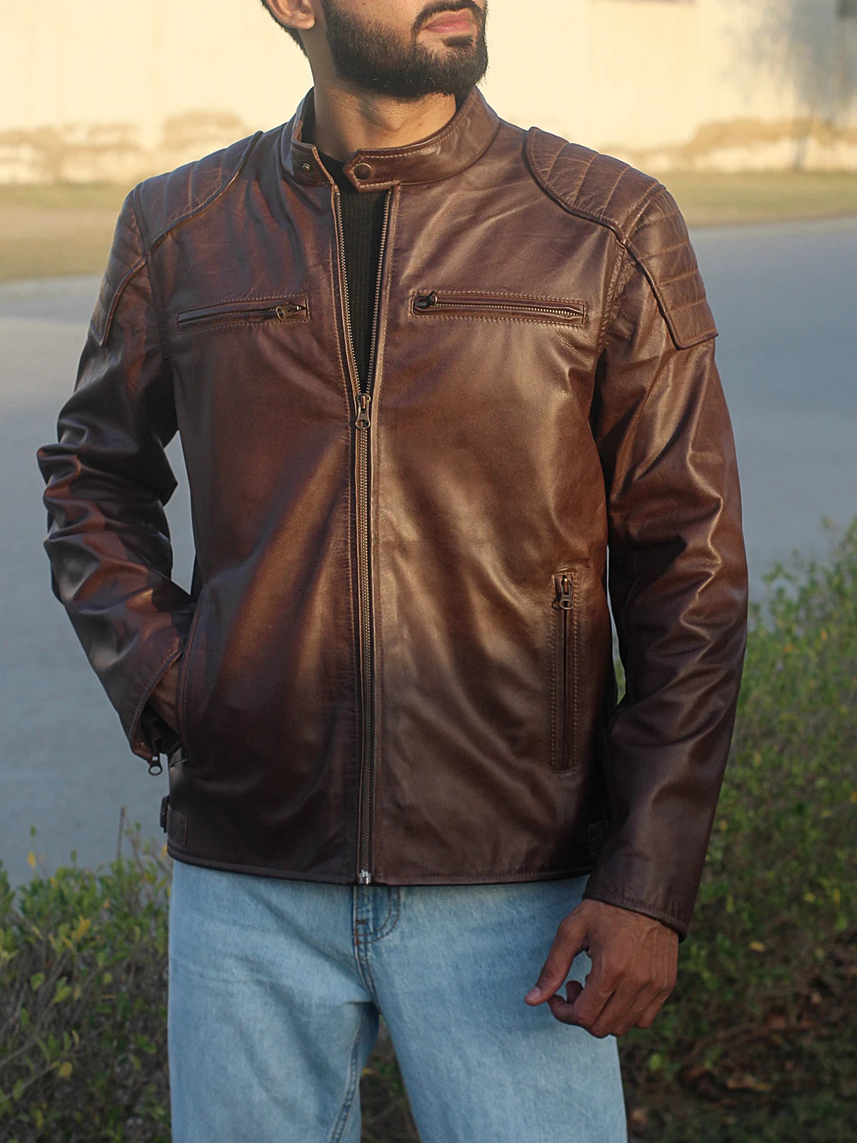 Café Racer Jacket in Vintage Dark Brown Leather