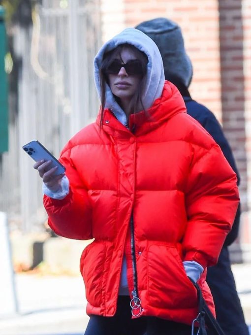 Celebrity Emily Ratajkowski Red Puffer Jacket