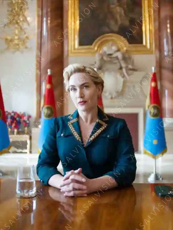 Chancellor Elena Vernham TV Series The Regime 2024 Kate Winslet Blue Cotton Coat
