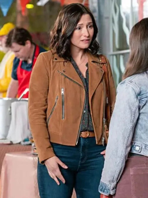 Chyler Leigh The Way Home 2023 Kat Landry Brown Suede Leather Jacket