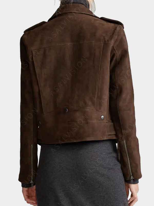 Dark Brown Suede Leather Biker Jacket For Womens