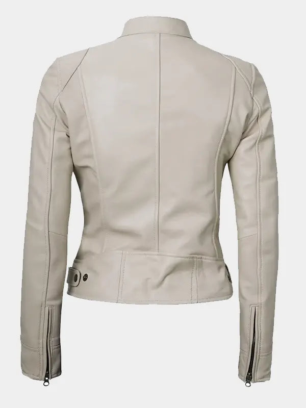 Declan Beige Biker Cafe Racer Leather Jacket For Women