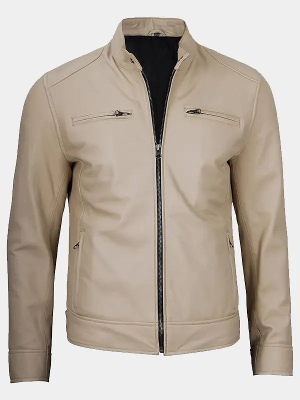 Declan Beige Cafe Racer Style Lambskin Leather Jacket For Men