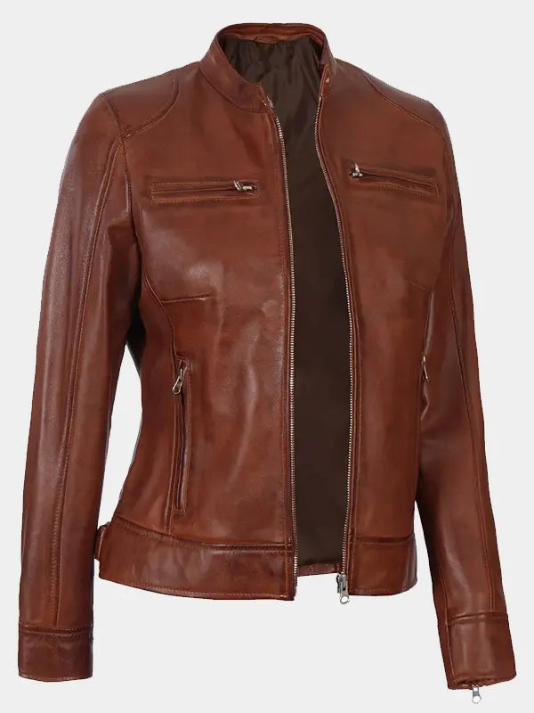 Declan Brown Waxed Moto Cafe Racer Lambskin Leather Jacket For Women