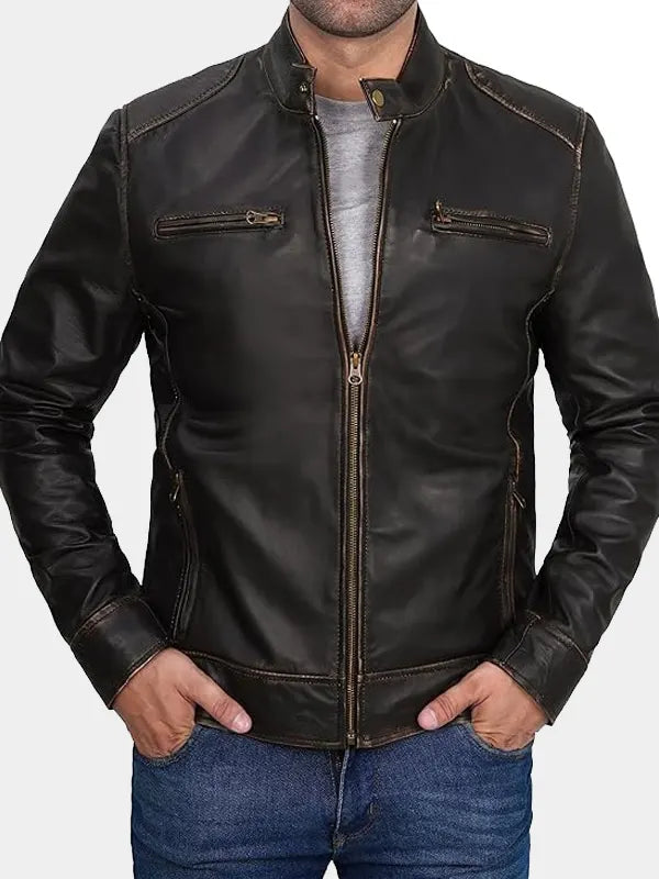 Declan Dark Brown Vintage Cafe Racer Lambskin Leather Jacket For Men