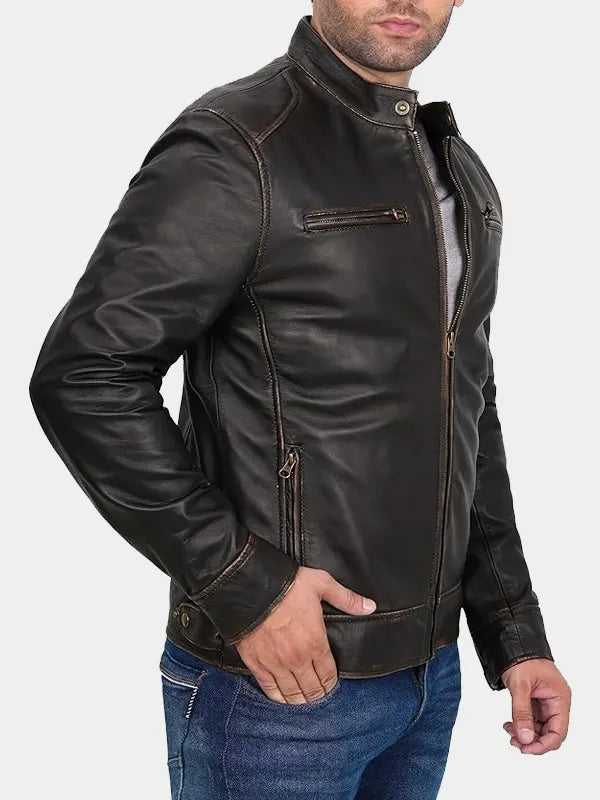 Declan Dark Brown Vintage Cafe Racer Lambskin Leather Jacket