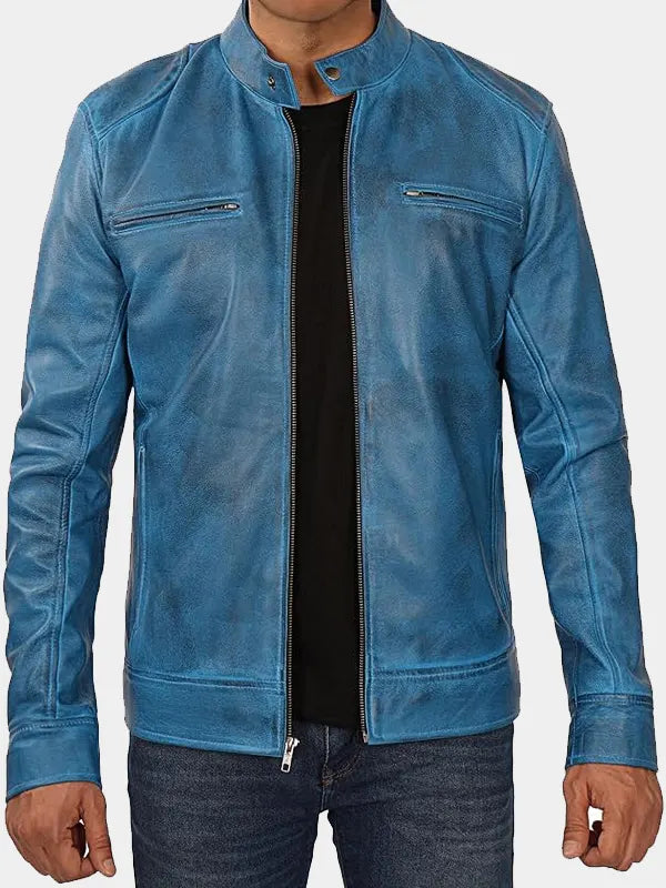 Declan Men's Vintage Blue Cafe Racer Leather Jacket