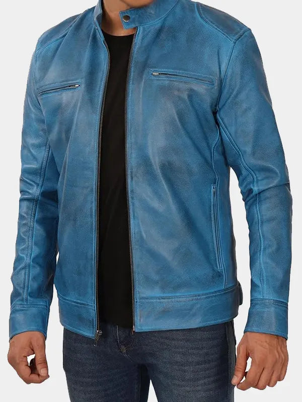 Declan Vintage Blue Cafe Racer Leather Jacket For Men