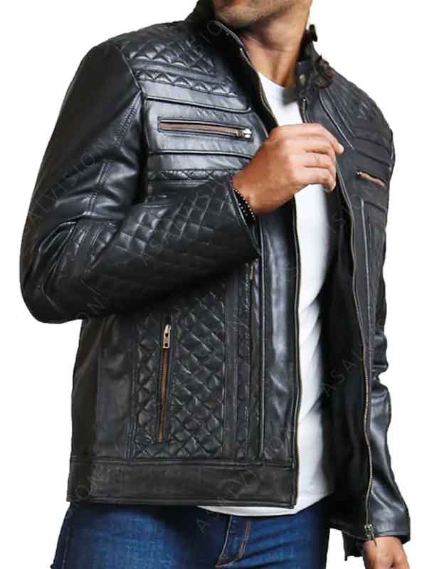 Diamond Quilted Black Leather Motorcycle Jacket