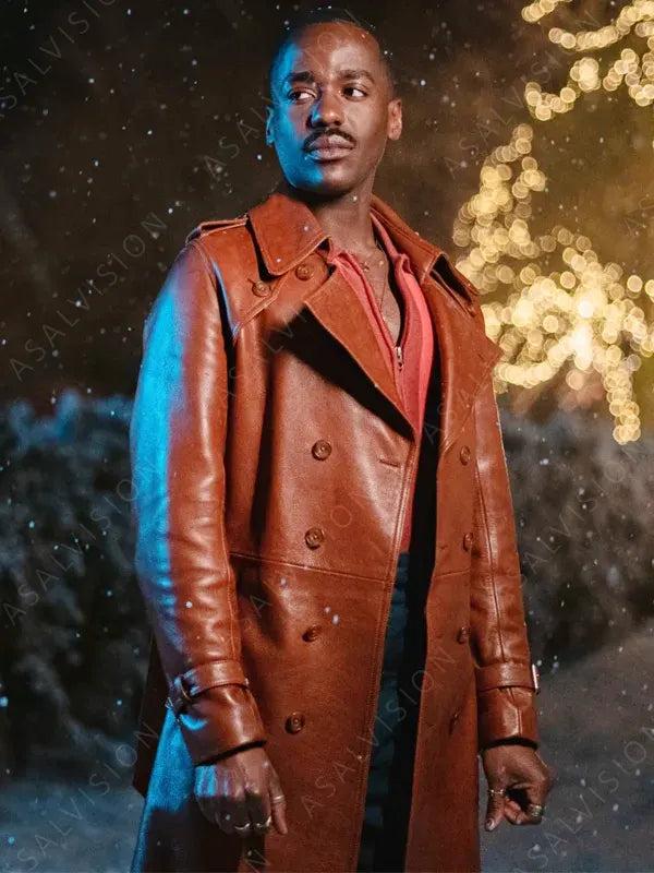 Doctor Who 2024 Ncuti Gatwa Brown Leather Trench Coat