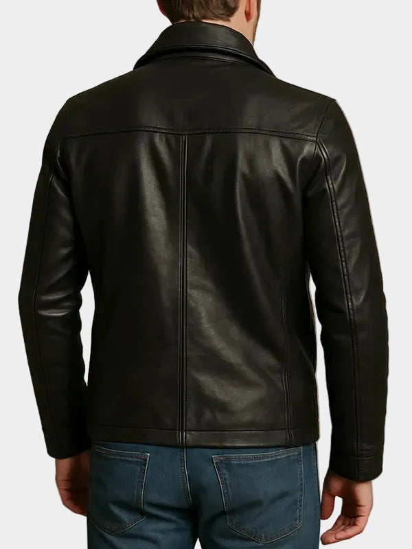 Double Breasted Men's Black Leather Peacoat