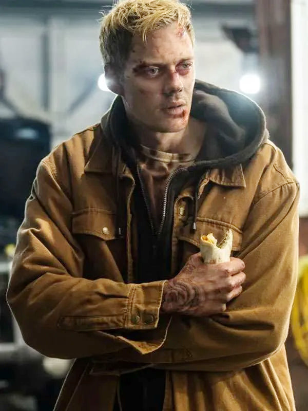 Eddie Barrish Locked 2025 Bill Skarsgard Brown Cotton Jacket