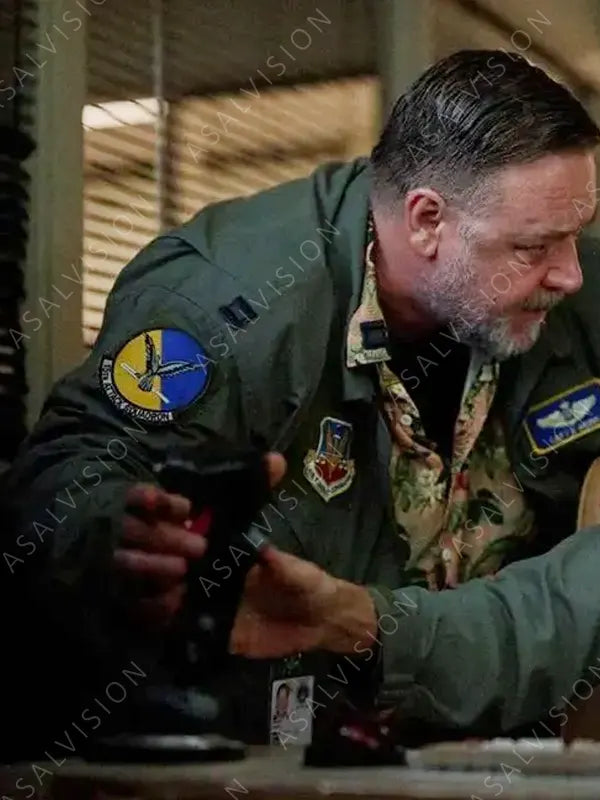 Eddie Grimm Movie Land of Bad 2024 Russell Crowe Green Jacket