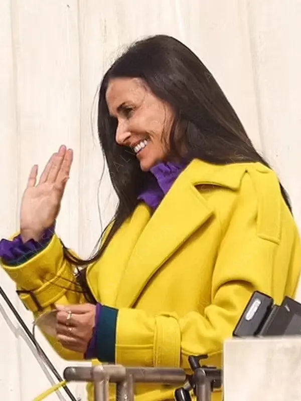 Elisabeth Sparkle The Substance 2024 Demi Moore Yellow Coat