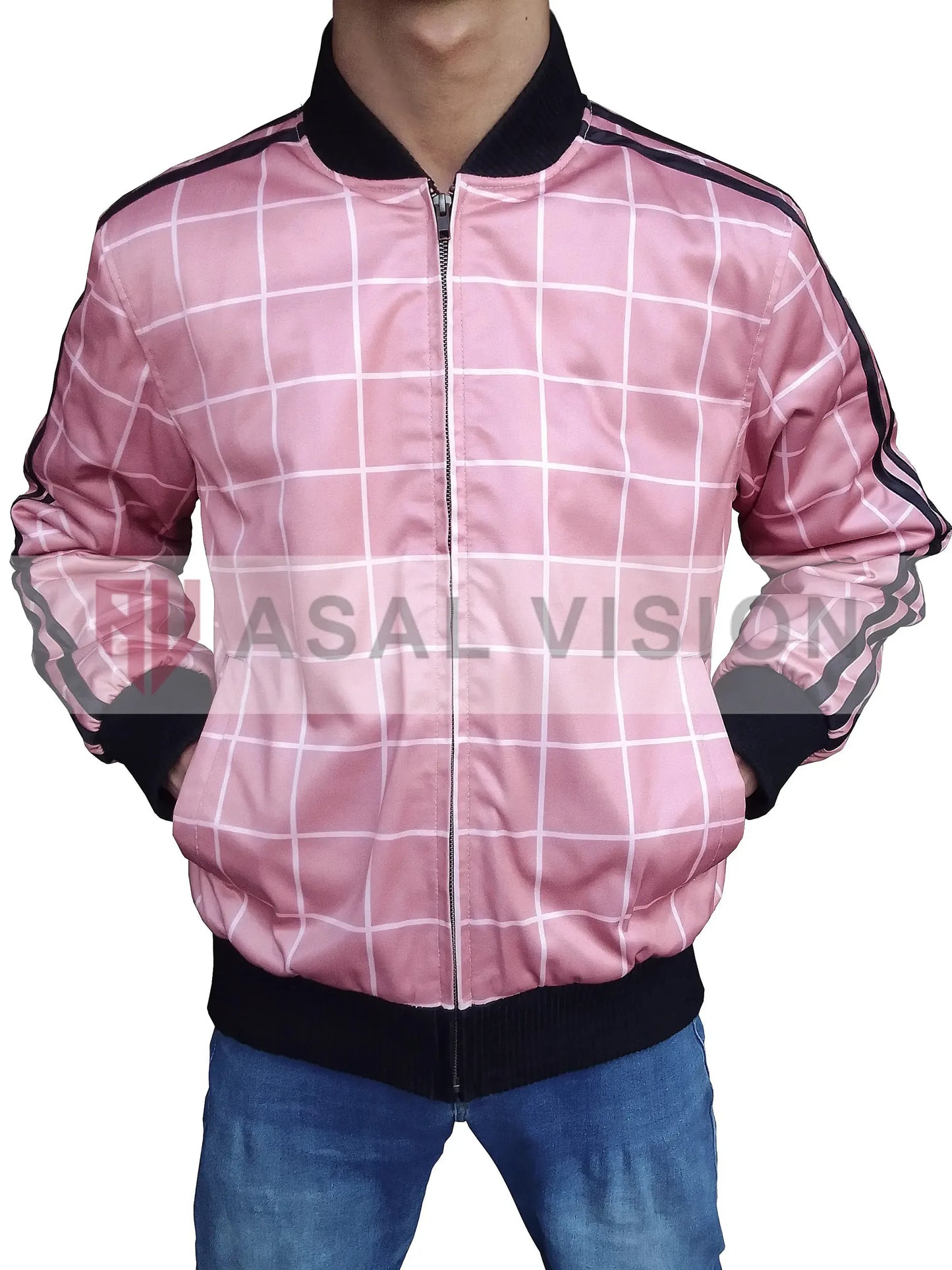 Elvis 2022 Austin Butler Pink Checked Bomber Jacket