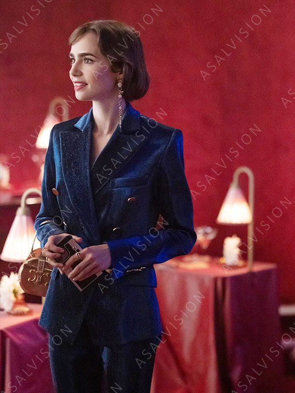 Emily Cooper Emily in Paris S03 Lily Collins Double Breasted Blue Blazer Coat