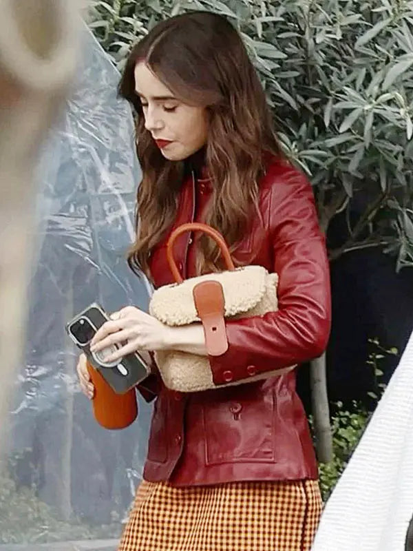 Emily Cooper Emily in Paris S04 Lily Collins Maroon Leather Jacket