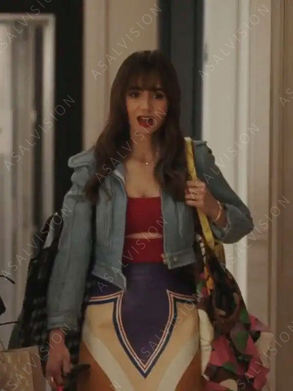 Emily In Paris S03 Lily Collins Blue Cropped Leather Jacket