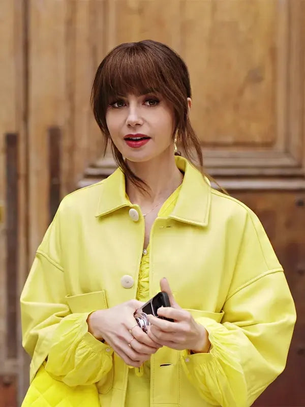Emily in Paris Lily Collins Yellow Leather Jacket