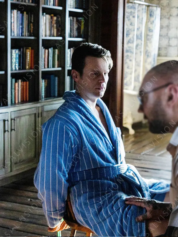 Eric Movie Knock at the Cabin Jonathan Groff Blue Striped Bathrobe