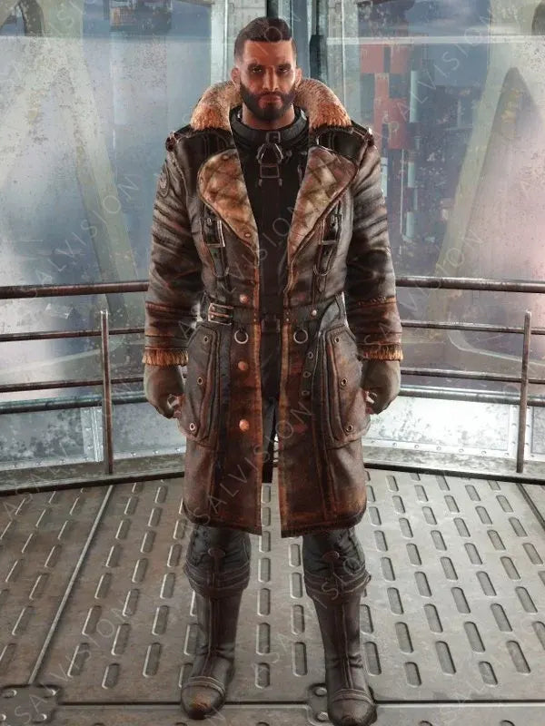 Fallout 4 Elder Arthur Maxson Brown Leather Shearling Collar Battlecoat Jacket