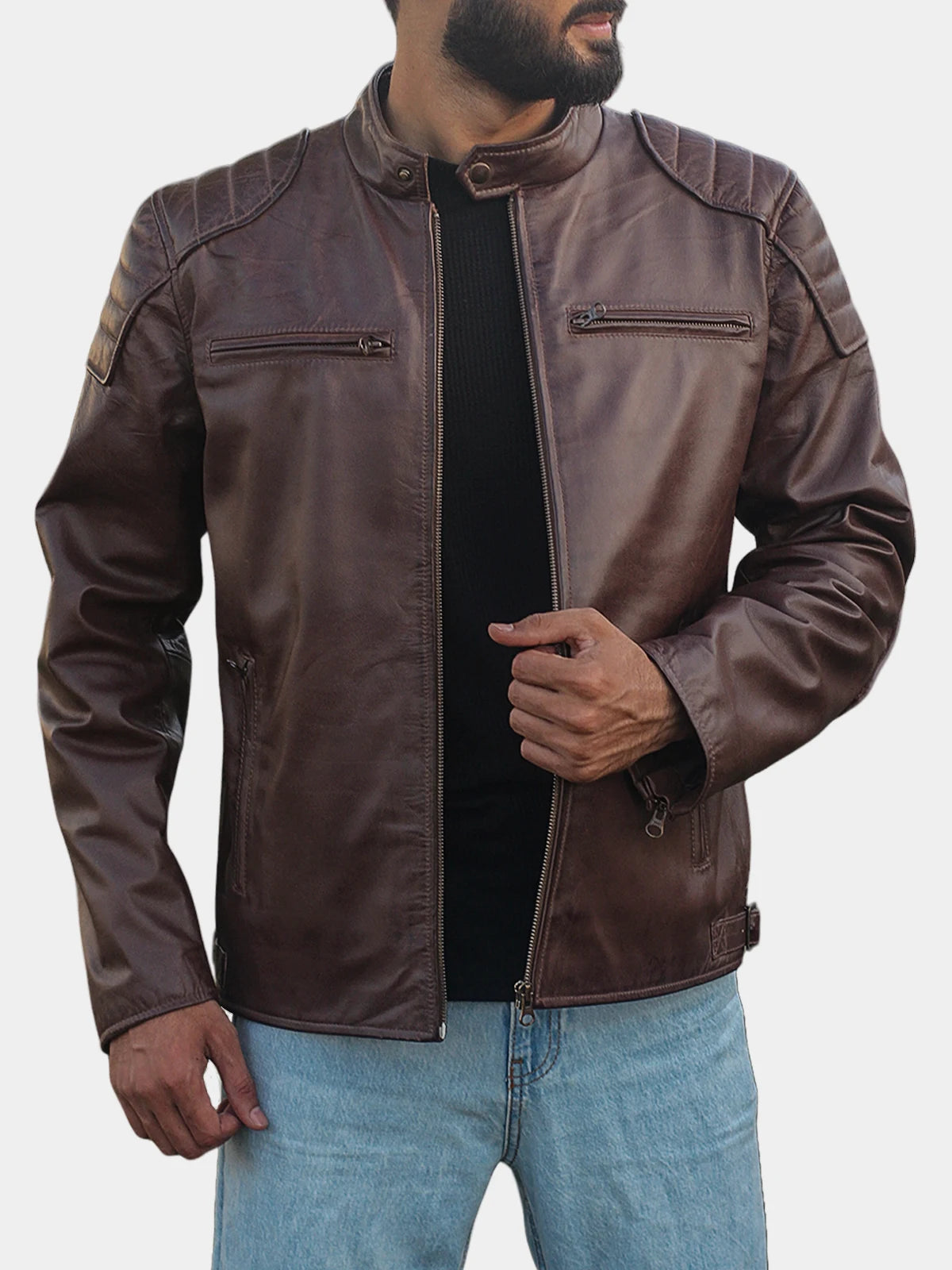 Fenric Men's Dark Brown Leather Motorcycle Jacket
