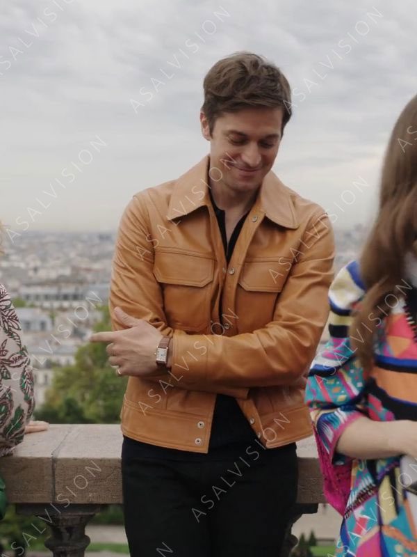 Gabriel Emily in Paris Lucas Bravo Leather Tan Brown Jacket