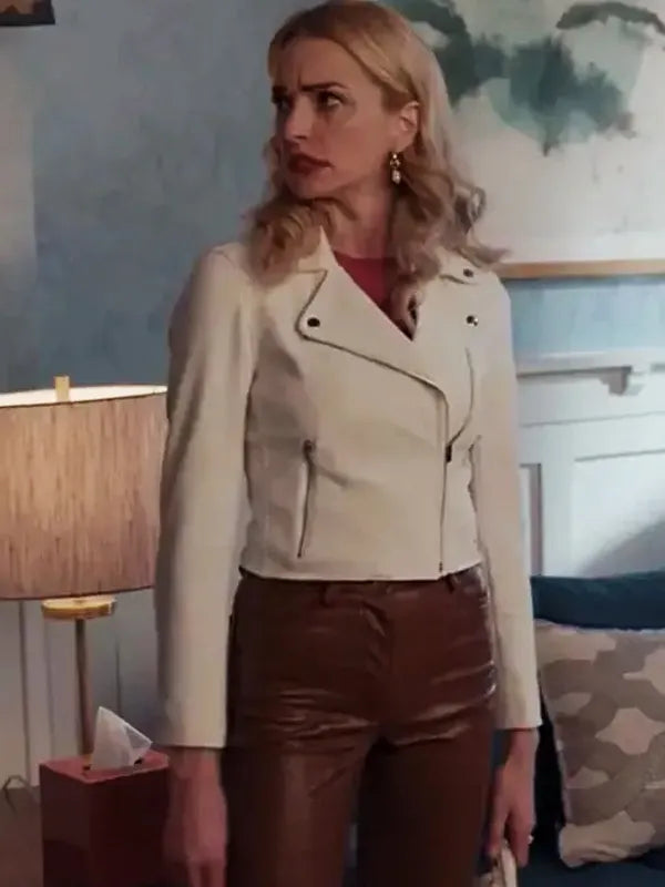 Georgia Miller Ginny & Georgia Brianne Howey White Cropped Leather Biker Jacket