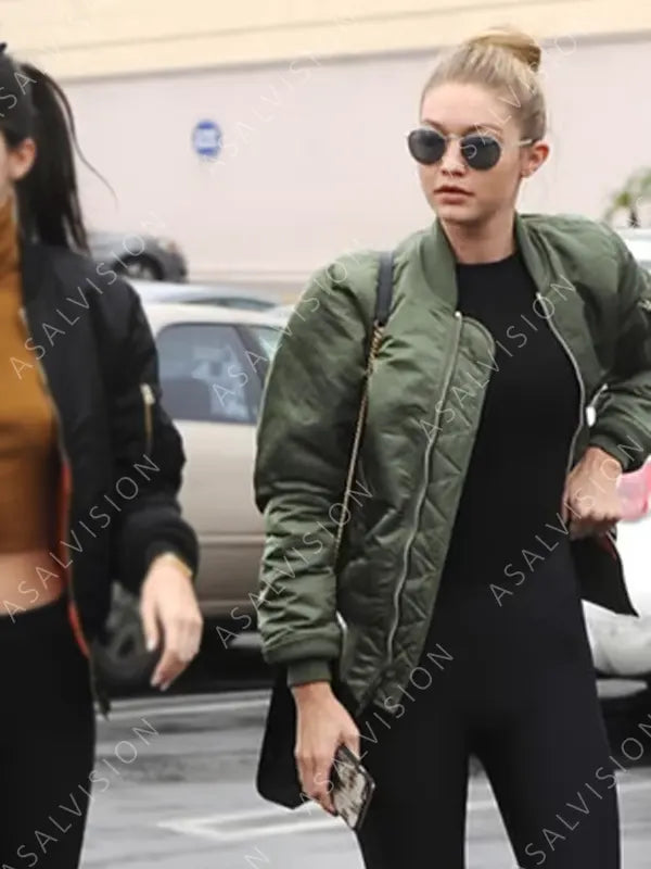 Gigi Hadid Bomber Green Satin Jacket
