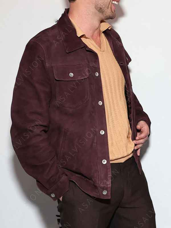 Glen Powell Movie Hit Man 2024 Premiere Burgundy Suede Leather Trucker Jacket