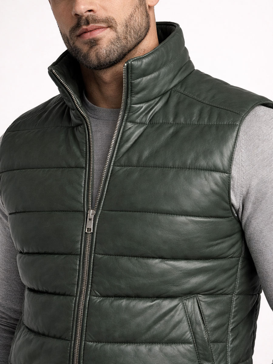 Green Leather Puffer Vest