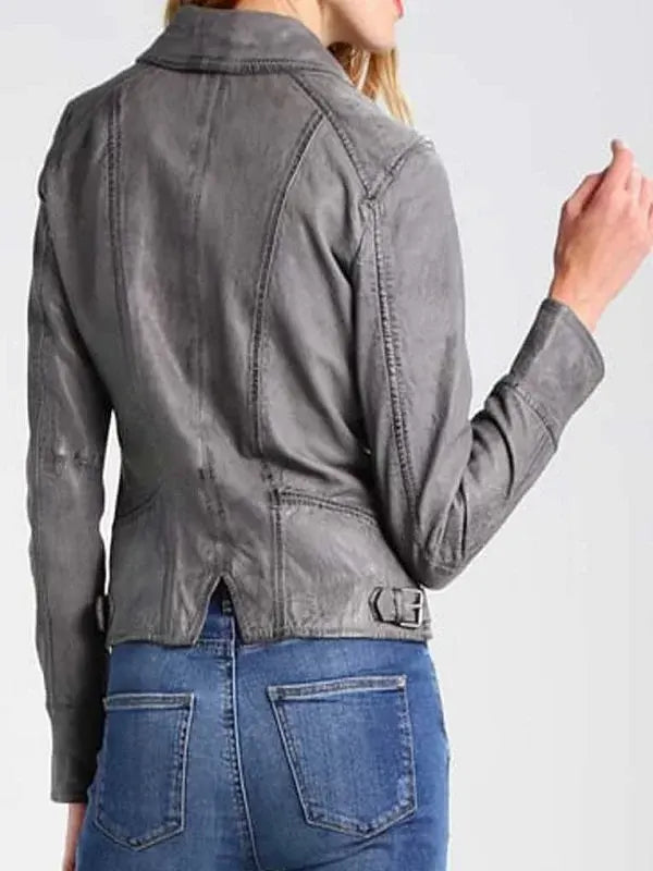 Grey Biker Leather Jacket For Women