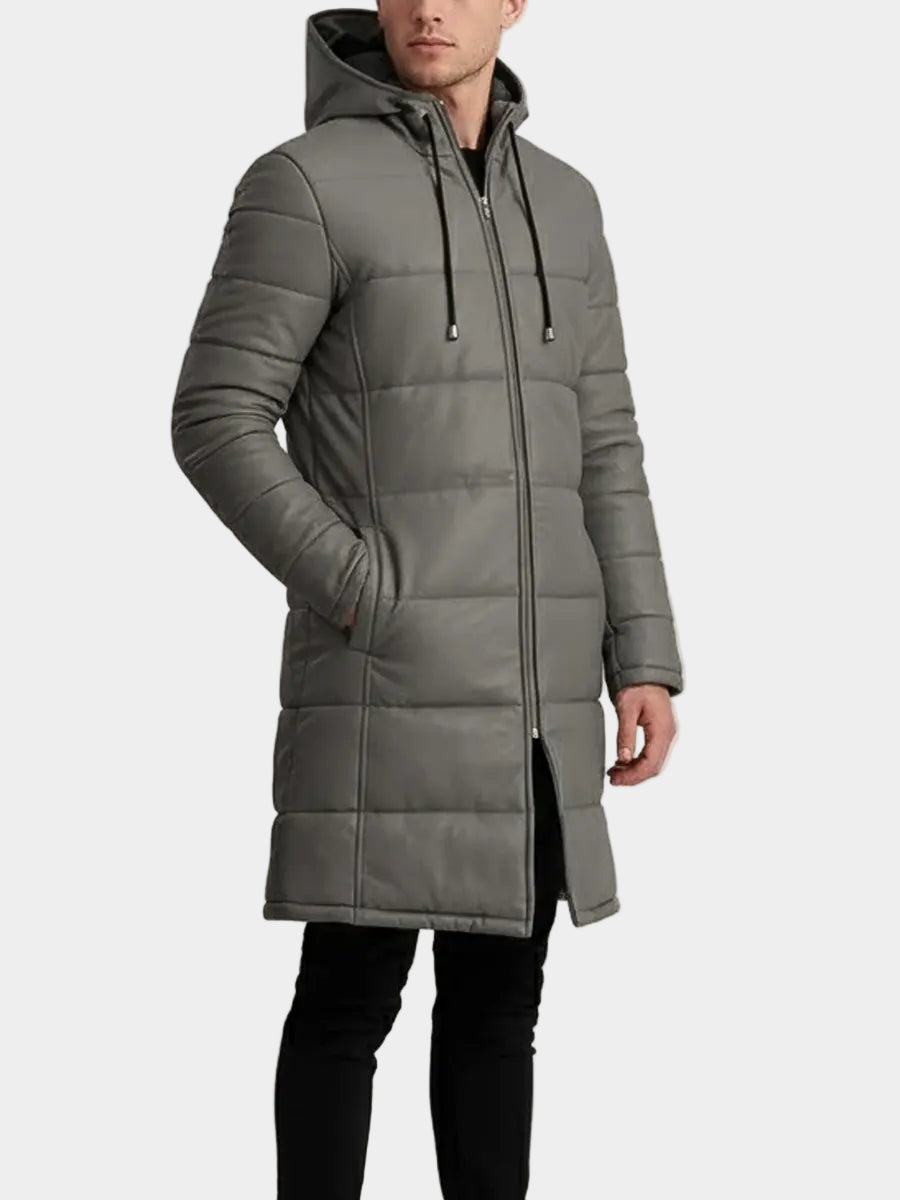 Men's Long Grey Puffer Leather Coat